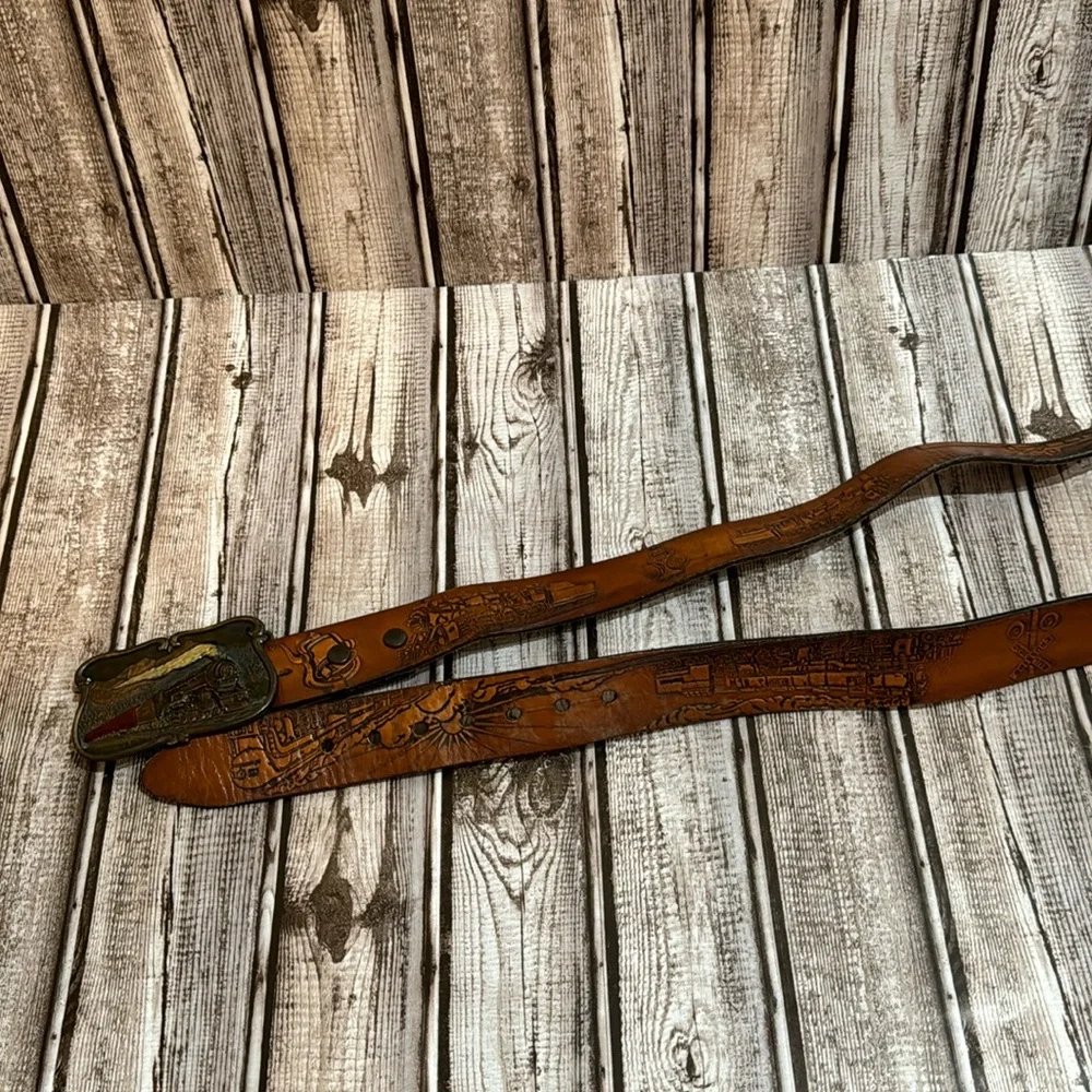 Bergamot Locomotive Vtg Brass Buckle Railfan Leather Tooled Belt 38-42 Unisex
